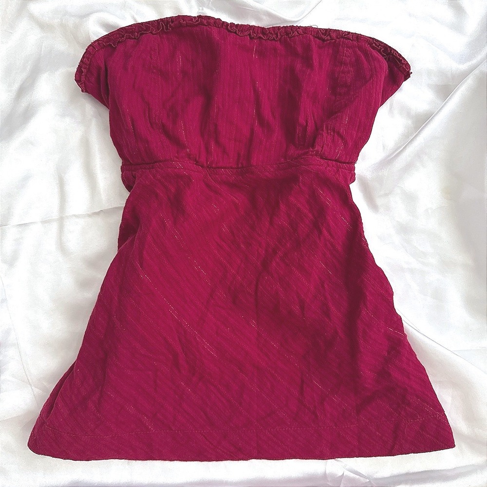 Decree Berry Pink Gold Metallic Pinstripe Strapless Smocked Tube Top Pockets L